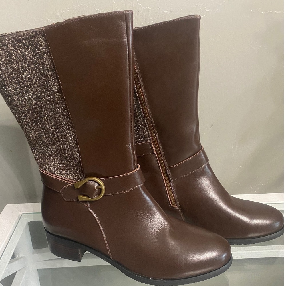 Propet Brown Leather Tweed Mid Calf Boots WFX045L Wide 2E Womens 9.5H